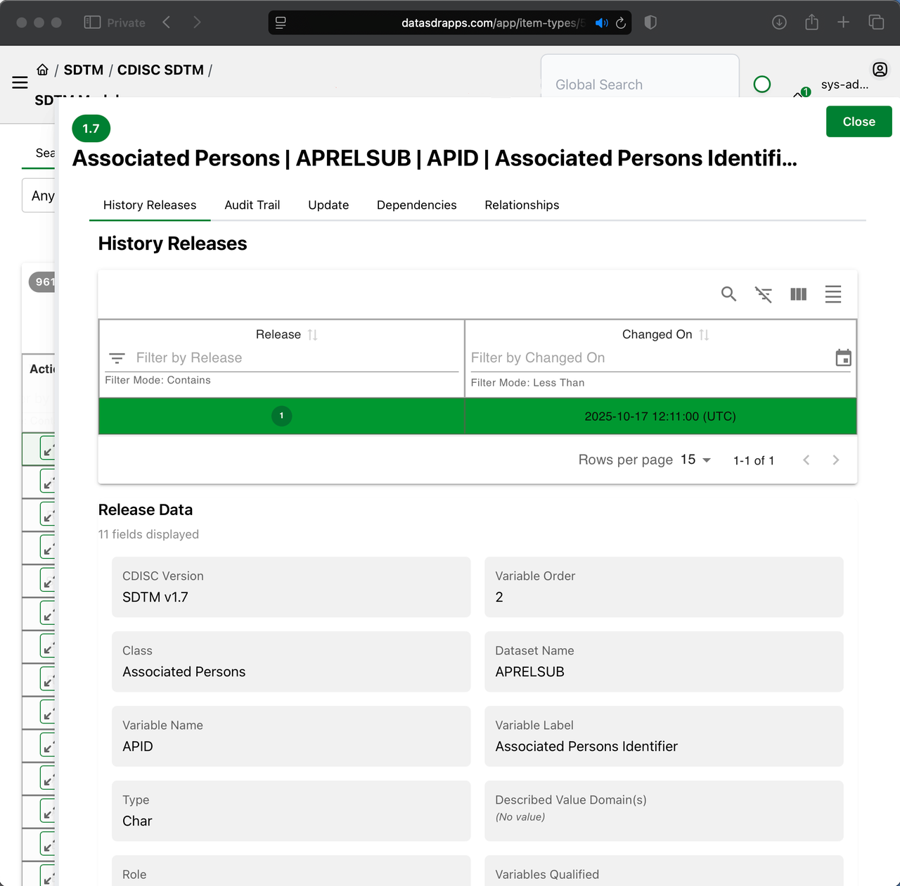 Data Standards Governor - Item : History Releases