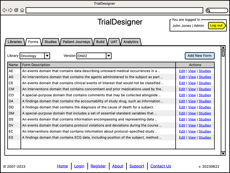 TrialTwin - Trial Designer - Manage Forms